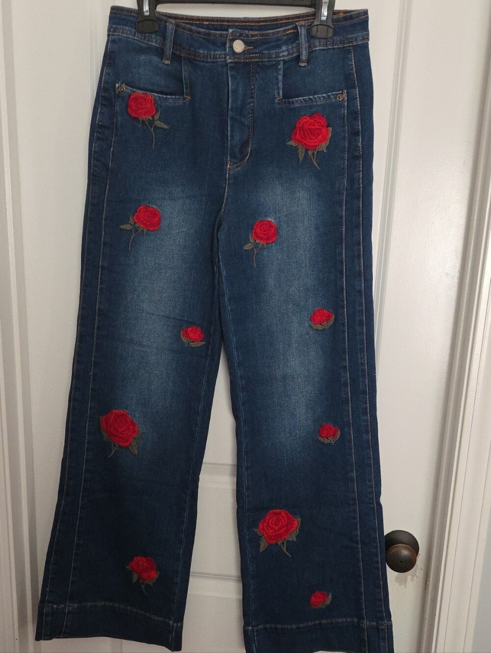Oli & Hali Dark Denim Wide-Leg Jeans with Red Rose Embroidery